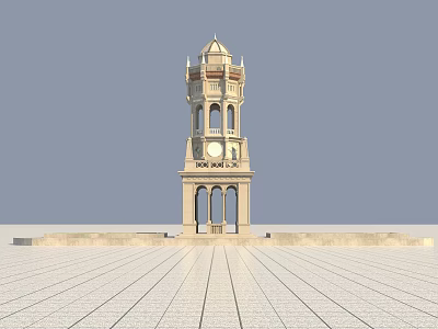 Ancient Architecture Clock Tower With Ornate Top And Arched Doors On Plaza Ground 3d model