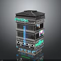 Multi Storey Modern Cinema Building Featuring Glass Curtain Walls Neon Signs And Billboards