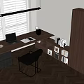 Modern Wooden Desk With Laptop Bookshelf Photo Frames And Hanging Lamp In Room