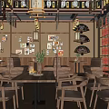 Traditional Japanese Restaurant Interior With Wooden Tables Hanging Lanterns And Wall Art