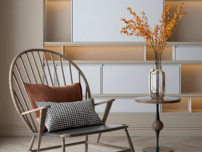 Comfortable Single Chair With Brown Checkered Cushions And Side Table With Yellow Flowers 3d model
