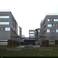 Modern Office Building Complex With Glass Facade Open Courtyard Green Lawn And Parking Space