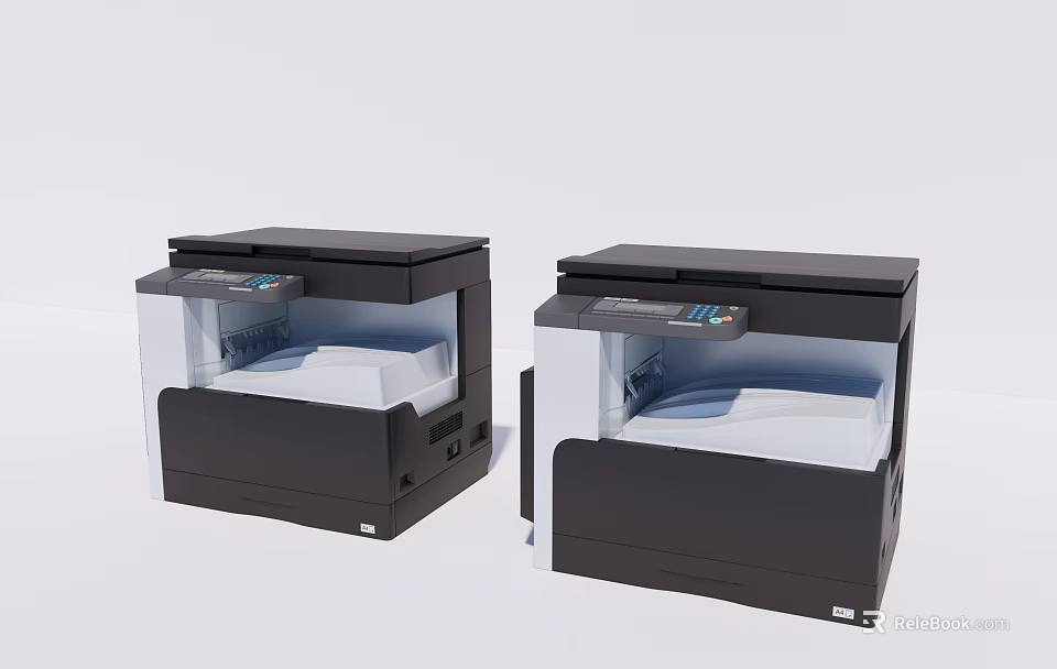 Two Black Multifunctional Office Appliances With Control Panel And Transparent Front Design 3d model