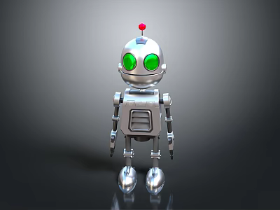 Silver Robot Character With Green Eyes Red Top And Metallic Mechanical Body 3d model