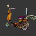 Orange And Yellow Retro Scooter With Brown Seat Green Storage Box And Silver Accents
