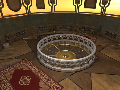 Classic Circular Furniture With White Carved Design Golden Center On Wooden Floor Red Rug 3d model