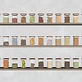 Organized Glass Jars With Various Grains And Beans On Wooden Kitchen Shelves
