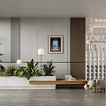 Modern Indoor Landscape With Large Windows Green Plants Framed Painting Spherical Lamps And Wooden Bench