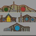 Hobbit Style Architecture with Colorful Round Doors Stone Walls Wooden Beams and Chimneys Design Features