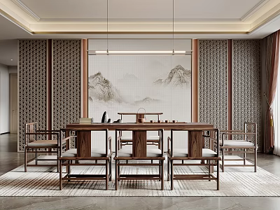 Traditional Chinese Teahouse With Furniture And Landscape Painting 3d model