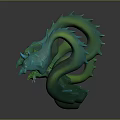 Green And Blue Two Headed Dragon Sculpture With Glowing Eyes And Coiled Body