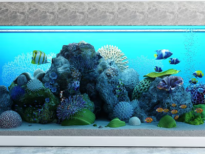 Colorful Fish Aquarium with Coral Reef Rocks and Aquatic Plants Setup Design 3d model