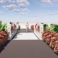 Red Bridge Railing With Circular Decoration Stone Pillars Green Plants And Bamboo Carvings