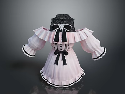 Pink Off Shoulder Ruffled Dress With Black Bow Details And Trimmed Edges And Decorative Buttons 3d model