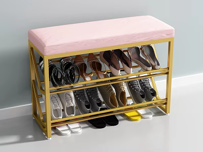 Pink Cushioned Sofa Bench with Gold Metal Frame and Multi Tier Shoe Storage Organizer 3d model