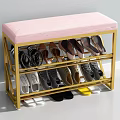 Pink Cushioned Sofa Bench with Gold Metal Frame and Multi Tier Shoe Storage Organizer