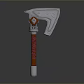 Silver Bladed Axe Weapon With Red Wrapped Handle And Decorative Gem