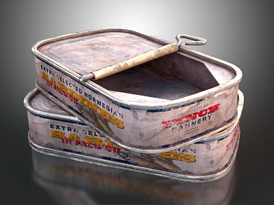 Stacked Vintage Tin Food Cans Featuring Extra Fresh Factory Labels 3d model