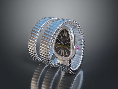 Luxury Silver Watch with Striped Metal Strap Black Dial Roman Numerals and Pink Gemstone Accent 3d model