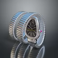 Luxury Silver Watch with Striped Metal Strap Black Dial Roman Numerals and Pink Gemstone Accent