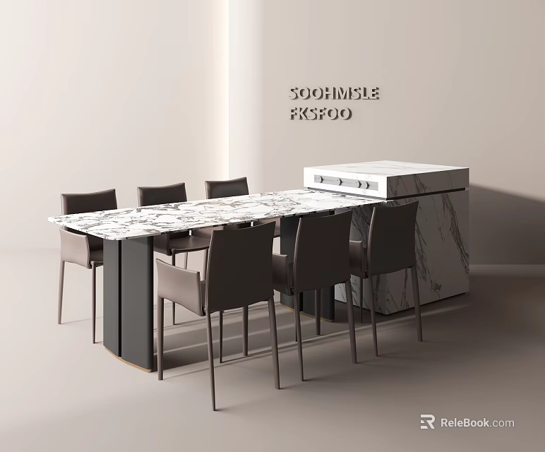 Modern Dining Table Set With Marble Top Gray Chairs And Side Cabinet 3d model 