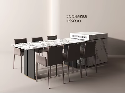 Modern Dining Table Set With Marble Top Gray Chairs And Side Cabinet 3d model