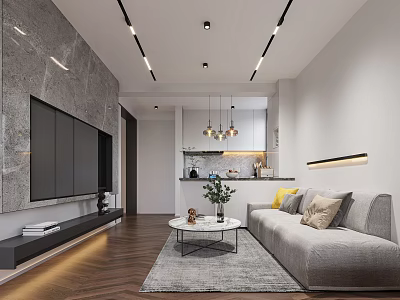 Modern Living Dining Room Interior With Gray Sofa TV Wall Marble Open Kitchen And Plants 3d model