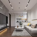 Modern Living Dining Room Interior With Gray Sofa TV Wall Marble Open Kitchen And Plants