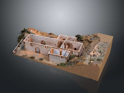 Detailed Stone Architectural Model With Arched Doors Windows Mountainous Terrain And Surrounding Vegetation 3d model