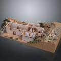 Detailed Stone Architectural Model With Arched Doors Windows Mountainous Terrain And Surrounding Vegetation