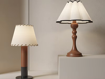 Modern Wooden Table Lamps With White Shades Scalloped And Wavy Edges 3d model
