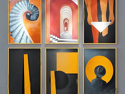 Abstract Wall Art Collection With Spiral Staircase Red Archway And Geometric Shapes 3d model