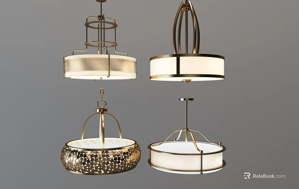 Modern Chandeliers With Metal Frames And White Shades In Different Styles 3d model 