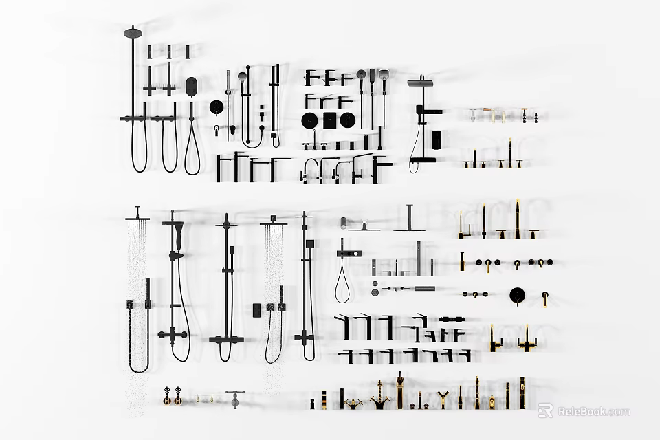 Different Types Of Shower Parts With Heads Pipes Valves And Mounting Hardware 3d model 