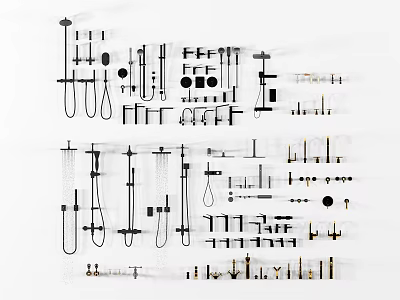 Different Types Of Shower Parts With Heads Pipes Valves And Mounting Hardware 3d model