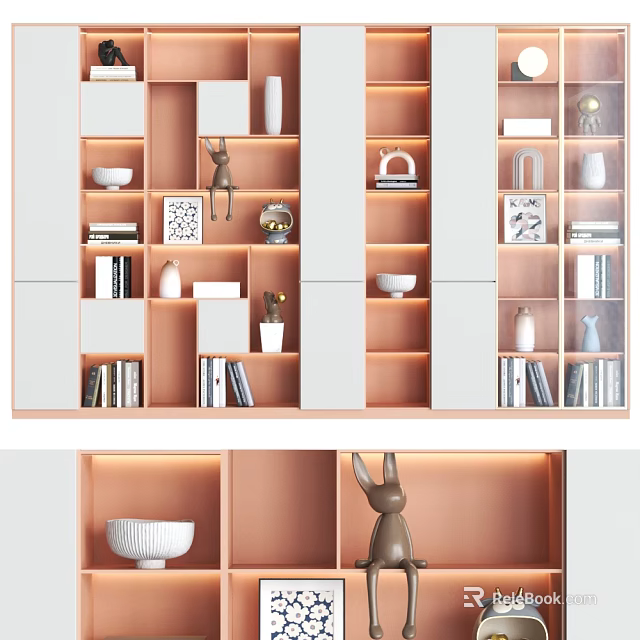 Modern Open Bookcase Design With LED Lighting White Shelves And Decorative Items 3d model