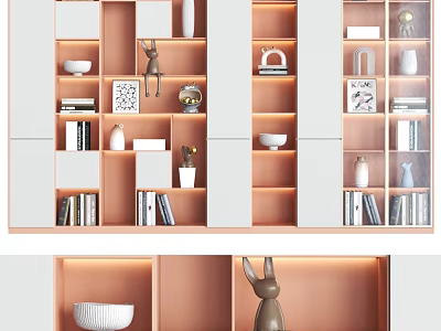 Modern Open Bookcase Design With LED Lighting White Shelves And Decorative Items 3d model