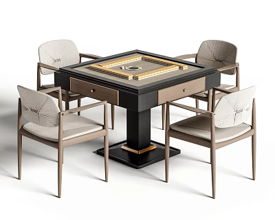Modern Entertainment Table With Central Game Board Four Beige Upholstered Chairs Black Frame Storage Drawers 3d model