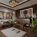 Traditional Chinese Religious Worship Space With Wooden Shrine Lantern Lights And Decorative Plants