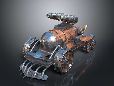 Steampunk Vehicle With Metal And Wooden Structure Front Spikes Multiple Cannons On Top Metallic Wheels 3d model