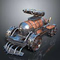 Steampunk Vehicle With Metal And Wooden Structure Front Spikes Multiple Cannons On Top Metallic Wheels