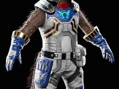 Anthropomorphic Biological Character In Armored Suit With Futuristic Gloves And Glowing Emblem 3d model