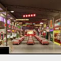 Traditional Chinese Food Street Restaurant With Red Lanterns Neon Signs And Long Tables
