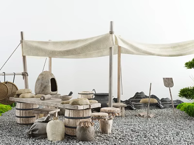 Rustic Courtyard Garden With Canvas Awning Stone Oven Wooden Barrels Gravel Ground And Green Plants 3d model