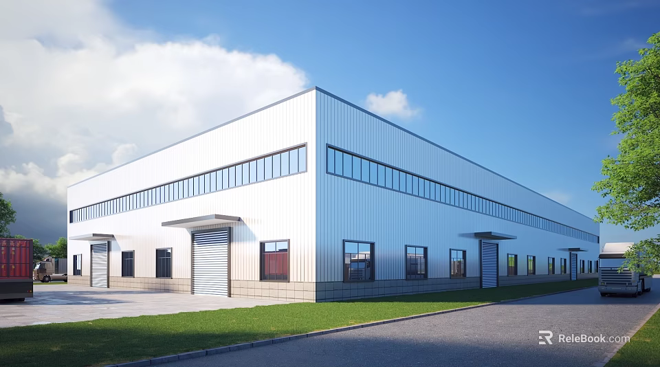 Modern Industrial Factory Building With White Metal Exterior Large Windows And Roller Doors 3d model 