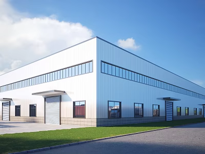 Modern Industrial Factory Building With White Metal Exterior Large Windows And Roller Doors 3d model