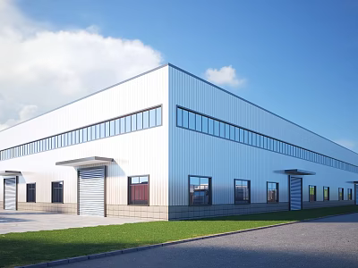 Modern Industrial Factory Building With White Metal Exterior Large Windows And Roller Doors 3d model
