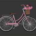Vintage Pink Bicycle With Flower Basket Brown Seat And White Spokes