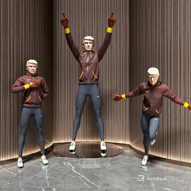 Men Posing In Maroon Athletic Jackets Navy Blue Sweatpants White Sneakers On Circular Platform With Vertical Striped Background 3d model 