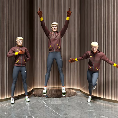 Men Posing In Maroon Athletic Jackets Navy Blue Sweatpants White Sneakers On Circular Platform With Vertical Striped Background 3d model